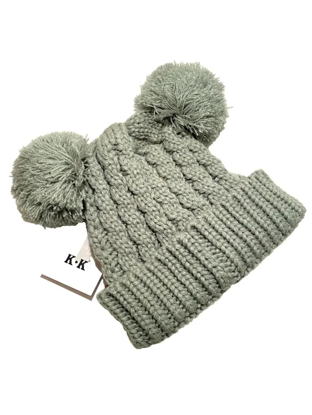 Kids Winter Hat Grey w Pom Pom Ears Cute Thick Warm Knitted Winter Beanie NEW